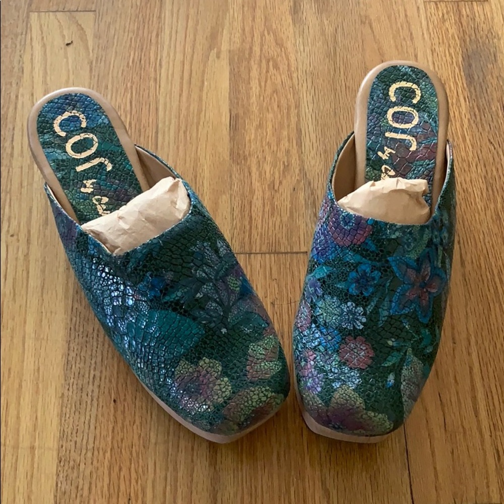 Johnny Was Teal Green Floral Embossed Leather Mules